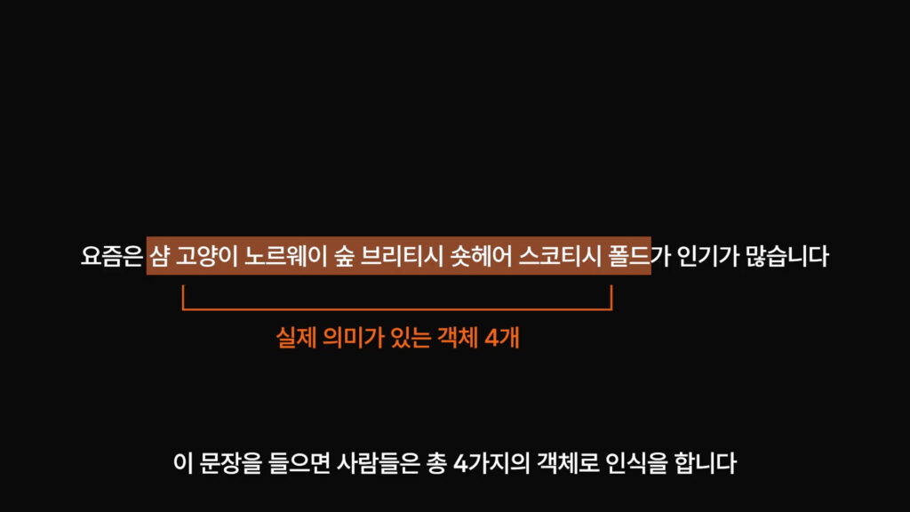 사람들은 한 문장에서 의미를 가진 객체를 따로 인식합니다.